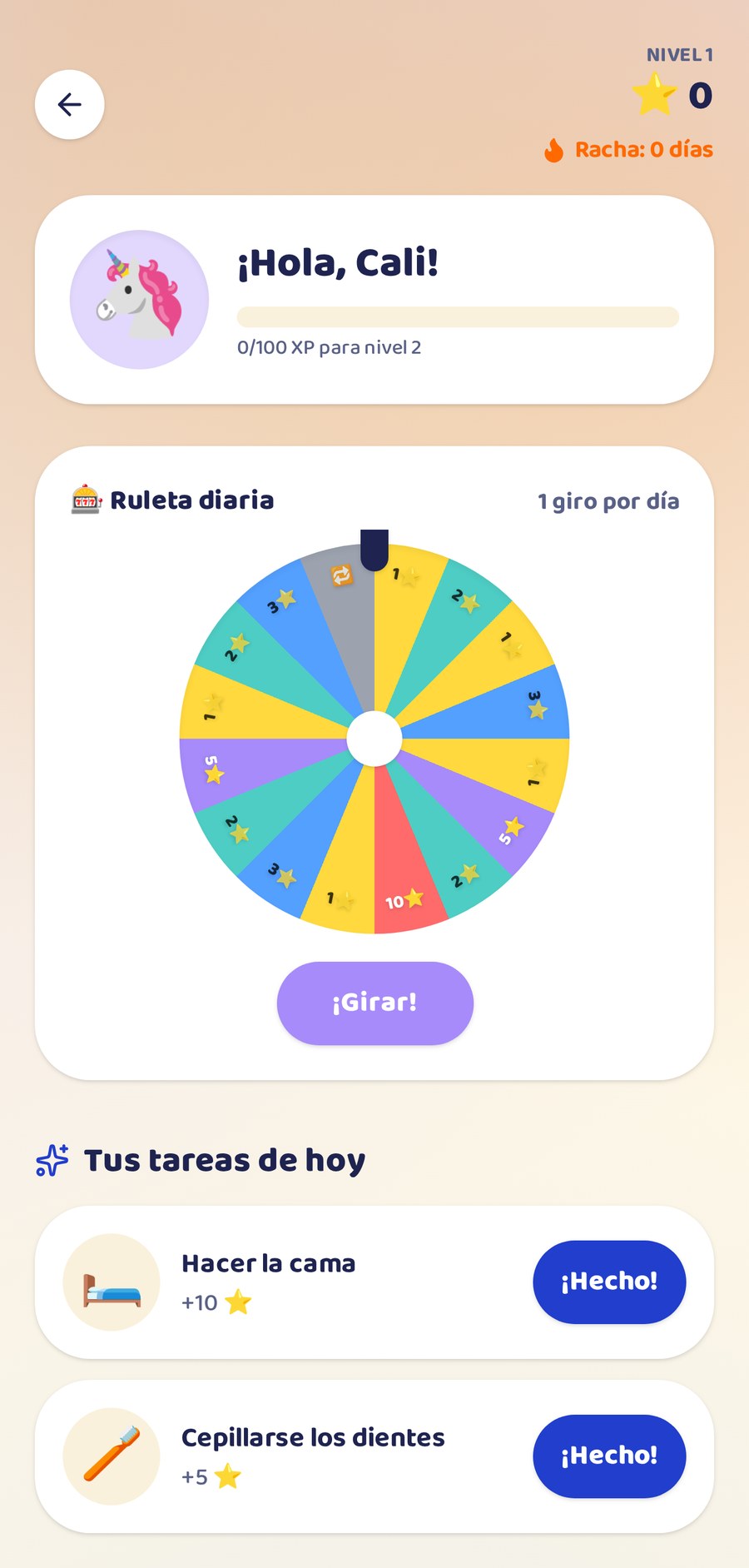 Pantalla de tareas de un niño en TareasHéroes con estrellas, racha y ruleta diaria