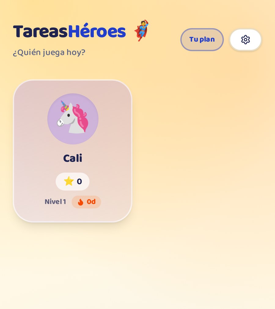 Pantalla de selección de héroe en TareasHéroes con varios niños y sus rachas